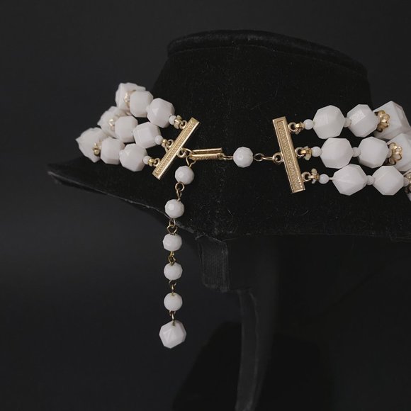 Vintage Hong Kong White Gold Square Chunky Beaded Layered Multi Strand Necklace - Picture 6 of 12